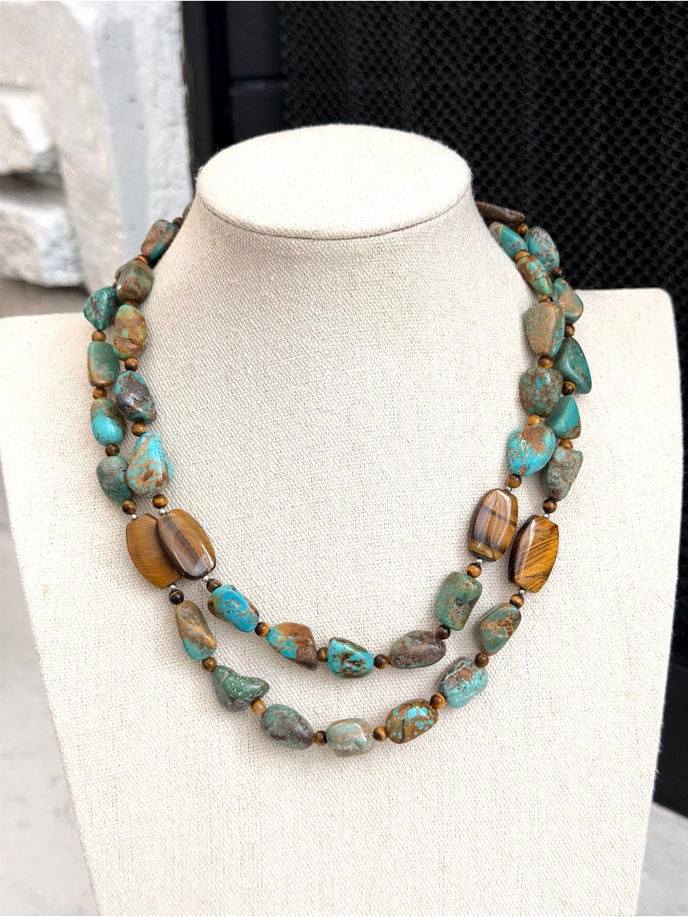 Vintage Turquoise Tiger Eye Double Strand Stone Necklace 18–20.5”